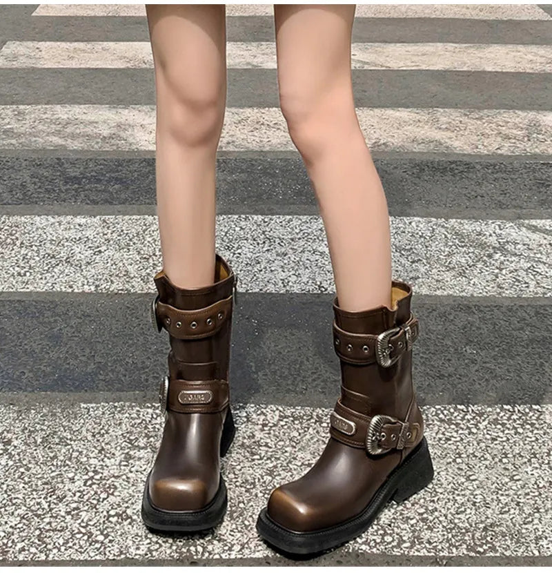 Metal Belt Buckle Motorcycle Boots Rivet Patent Leather Platform Wedge High heels Chunky Boots Shoes